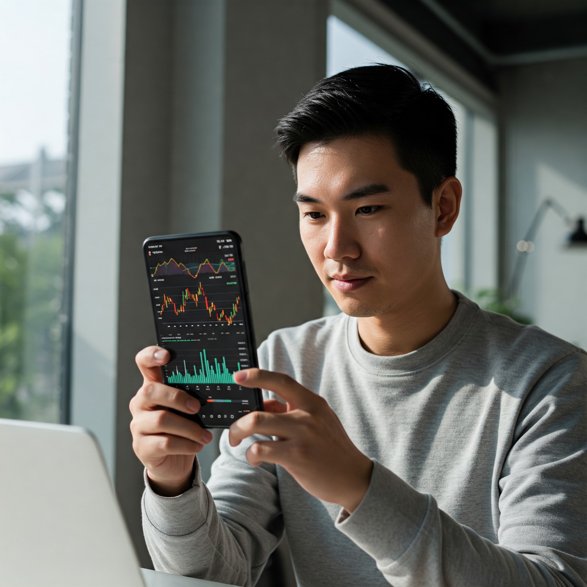 person using trading app on phone taazastoc.com